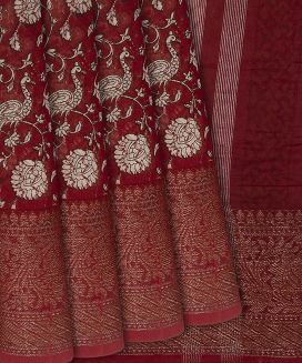 Crimson Woven Chanderi Cotton Saree With Printed Peacock Motifs

