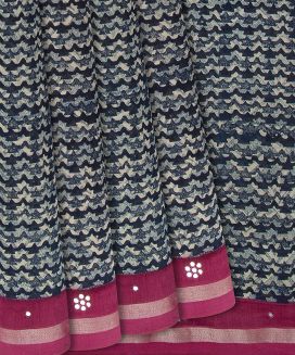 Navy Blue Woven Chanderi Cotton Saree With Printed Pink Motifs
