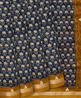 Navy Blue Woven Chanderi Cotton Saree With Printed Mustard Motifs
