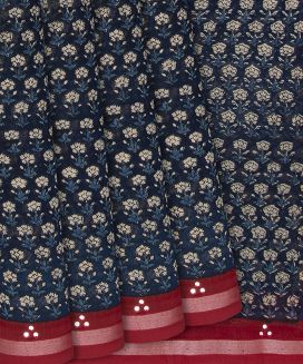Navy Blue Woven Chanderi Cotton Saree With Printed Crimson Motifs
