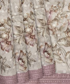 Off White Printed Organza Silk Saree With Floral Motifs
