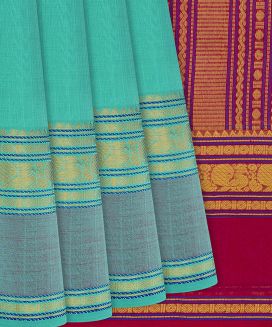 Turquoise Handloom Plain Silk Cotton Saree 
