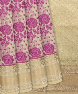 Beige Woven Chanderi Cotton Saree With Pink Floral Motifs
