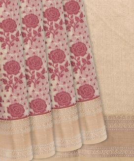 Beige Woven Chanderi Cotton Saree With Peach Floral Motifs
