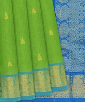 Green Handloom Silk Cotton Saree With Temple Buttas
