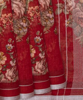 Red Linen Saree With Printed Floral motifs
