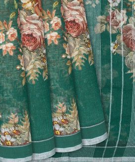 Sea Green Linen Saree With Printed Floral motifs
