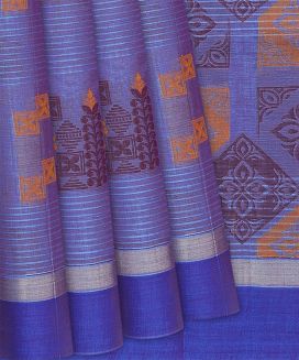 Steel Blue Handwoven Village Cotton Saree With Floral Motifs

