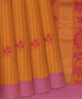 Orange Handwoven Village Cotton Saree With Dotted Stripes


