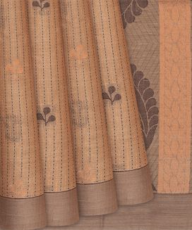 Taupe Handwoven Village Cotton Saree With Dotted Stripes
