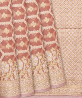 Peach Blended Banarasi Cotton Saree With Floral Jaal Motifs
