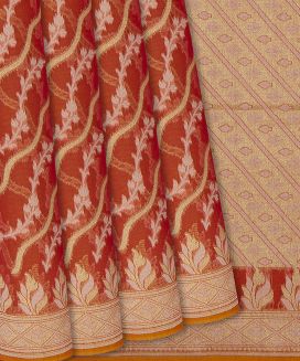 Dark Peach Blended Banarasi Cotton Saree With Floral Vine Motifs
