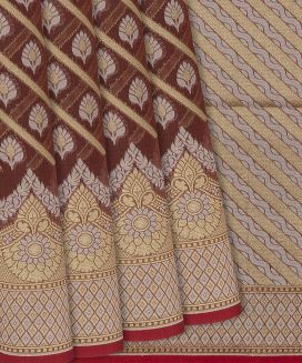 Maroon Blended Banarasi Cotton Saree With Floral Motifs
