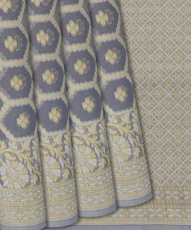 Grey Blended Banarasi Cotton Saree With Floral Motifs
