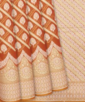 Dark Peach Blended Banarasi Cotton Saree With Diagonal Floral Motifs
