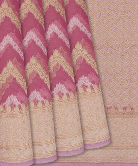 Pink Blended Banarasi Cotton Saree With Floral Chevron Motifs
