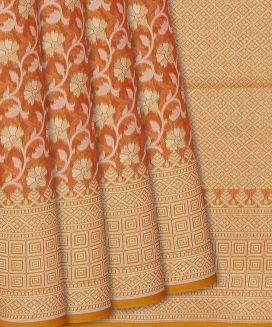 Peach Blended Banarasi Cotton Saree With Floral Vine Motifs
