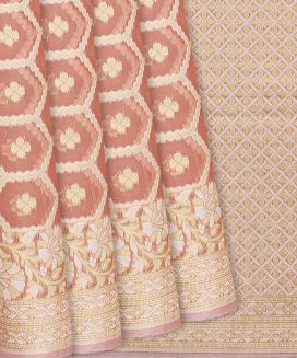 Baby Pink Blended Banarasi Cotton Saree With Flower Jaal Motifs
