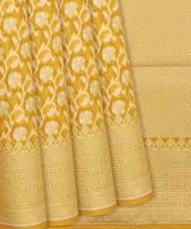Yellow Blended Banarasi Cotton Saree With Floral Vine Motifs
