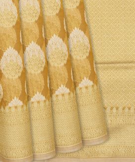 Sandal Blended Banarasi Cotton Saree With Floral Motifs
