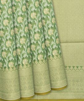 Green Blended Banarasi Cotton Saree With Floral Vine Motifs
