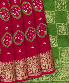 Red Woven Blended Bandhej Saree With Bird Motifs
