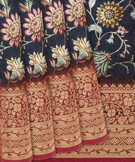 Black Woven Chanderi Viscose Printed Saree With Floral Vine Motifs
