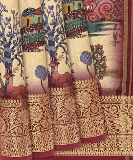 Beige Woven Chanderi Viscose Printed Saree With Garden Motifs
