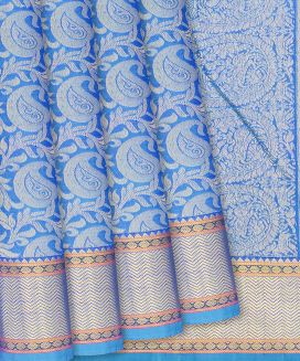 Steel Blue Handloom Kanchipuram Silk Saree With Mango Motifs
