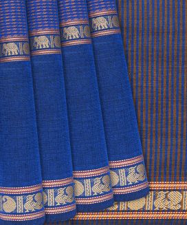 Blue Chettinad Muppagam Cotton Saree With Pulinagam Motifs
