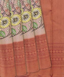 Cream Handloom Kanchipuram Silk Saree With Printed Peacock Motifs
