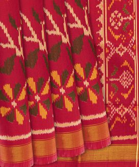 Red Handloom Rajkot Patola Silk Saree With Floral Vine Motifs

