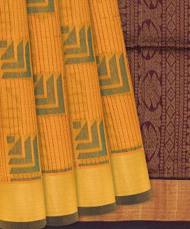 Turmeric Yellow Handloom Silk Cotton Saree With Stripes
