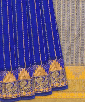 Blue Handloom Silk Cotton Saree With Stripes
