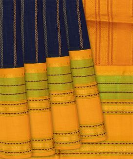 Midnight Blue Handloom Silk Cotton Saree With Stripes
