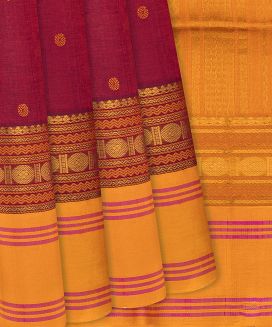 Crimson Handloom Silk Cotton Saree With Coin Buttas
