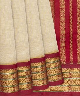 Beige Handloom Silk Cotton Saree With Crimson Border
