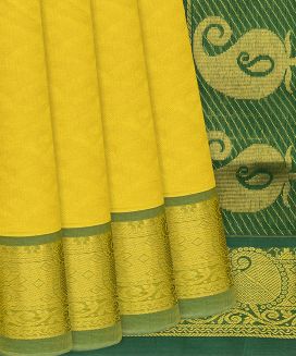 Lemon Yellow Handloom Silk Cotton Saree With Rudraksham Motifs
