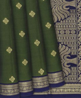 Bottle Green Kanchipuram Silk Saree With Floral Buttas
