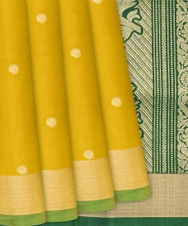 Mustard Handloom Soft Silk Saree With Rudraksham Buttas
