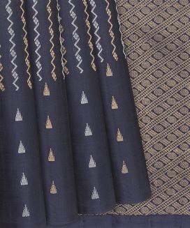 Dark Grey Handloom Soft Silk Saree With Stripes & Temple Buttas
