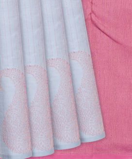 Grey Handloom Soft Silk Saree With Mango Motifs & Stripes
