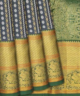 Grey Handloom Kanchipuram Silk Saree With Floral Stripes
