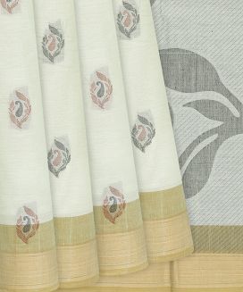 White Handloom Rasipuram Cotton Saree With Mango Motifs
