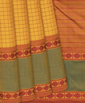 Grey Handloom Kanchipuram Silk Saree With Checks & Buttas
