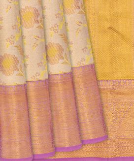 Gold Handloom Kanchipuram Tissue Silk Saree With Pink Floral Motifs
