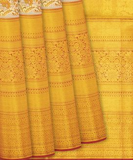Gold Kanchipuram Tissue Silk Saree With Crimson Floral Motifs
