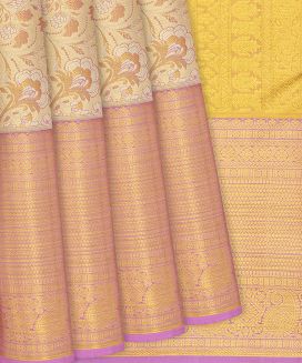Gold Handloom Kanchipuram Tissue Silk Saree With Pink Motifs
