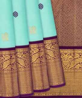 Turquoise Handloom Kanchipuram Korvai Silk Saree With Annam Buttas
