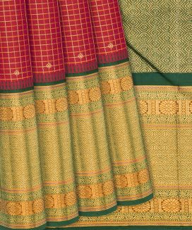 Red Handloom Kanchipuram Korvai Silk Saree With Checks
